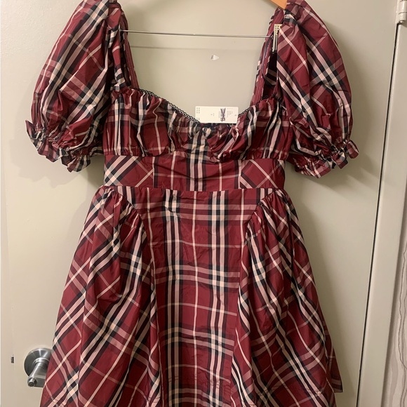 Anthropologie Maeve Maroon Tartan Plaid Puff Sleeve A-Line Mini Dress Small NWT - Picture 8 of 9